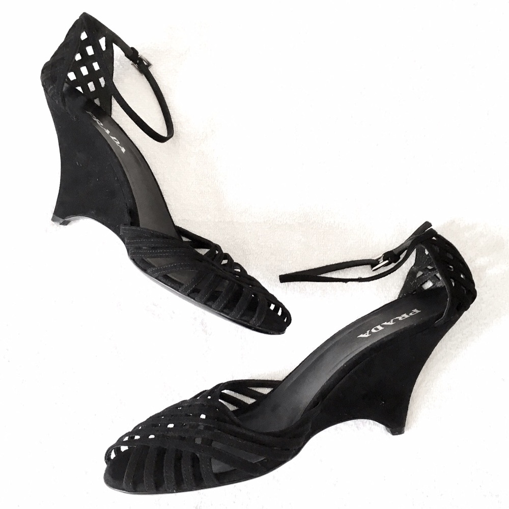 Prada Suede Ankle Strap Peep Toe Wedge Sandals